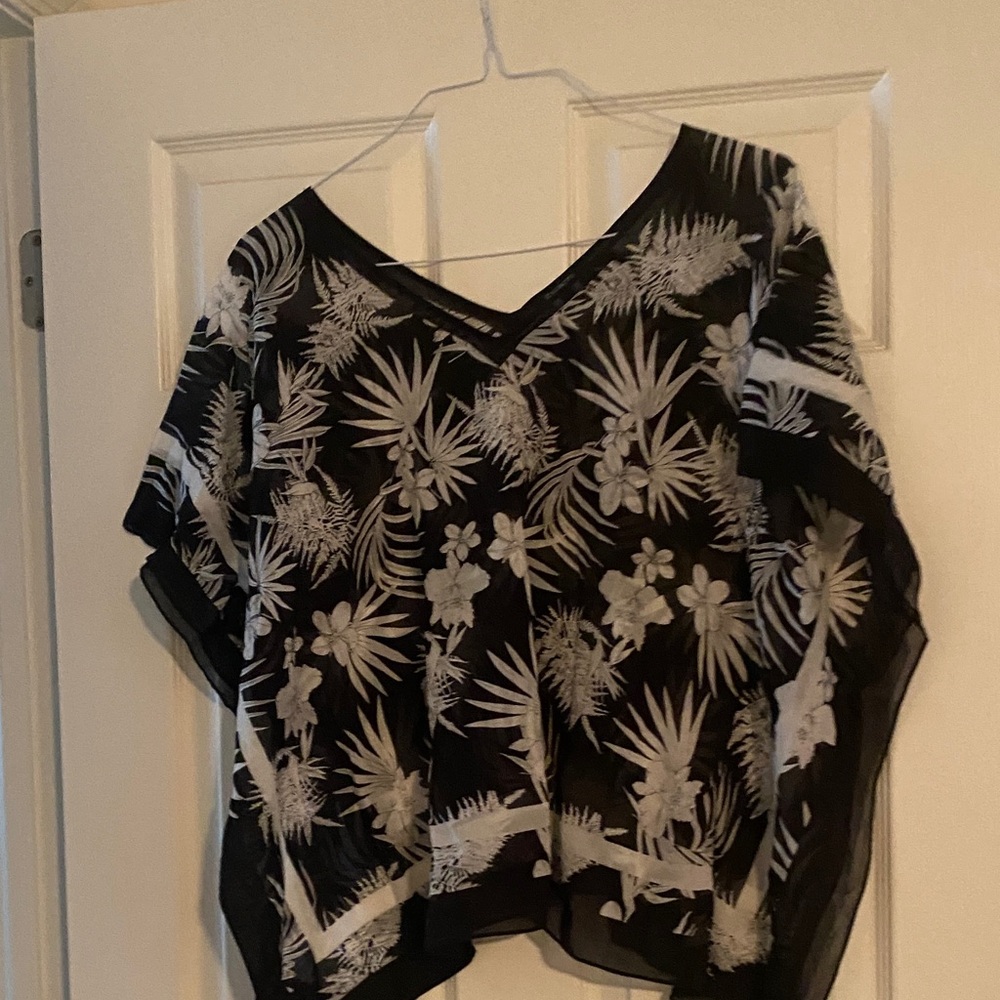 Talbots Black and White Floral Sheer Blouse